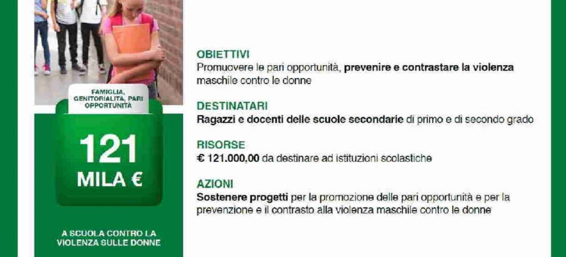 Contrasto alla violenza sulle donne: dalla Regione 120mila € per progetti nelle scuole